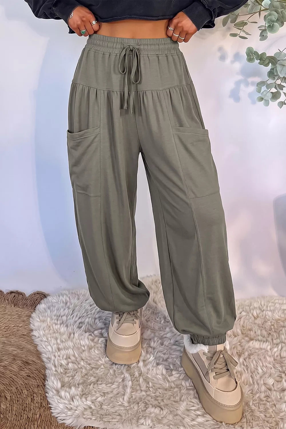 Elastic Waist Drawstring Wide Leg Full Length Pants