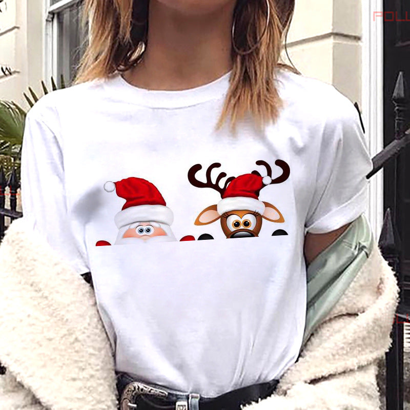 European And American Women's Clothing Merry Christmas Happy Short-sleeved T-shirt Women's Top Women's Round Neck