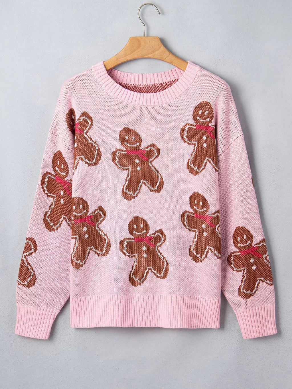Gingerbread Pattern Round Neck Long Sleeve Shift Sweater