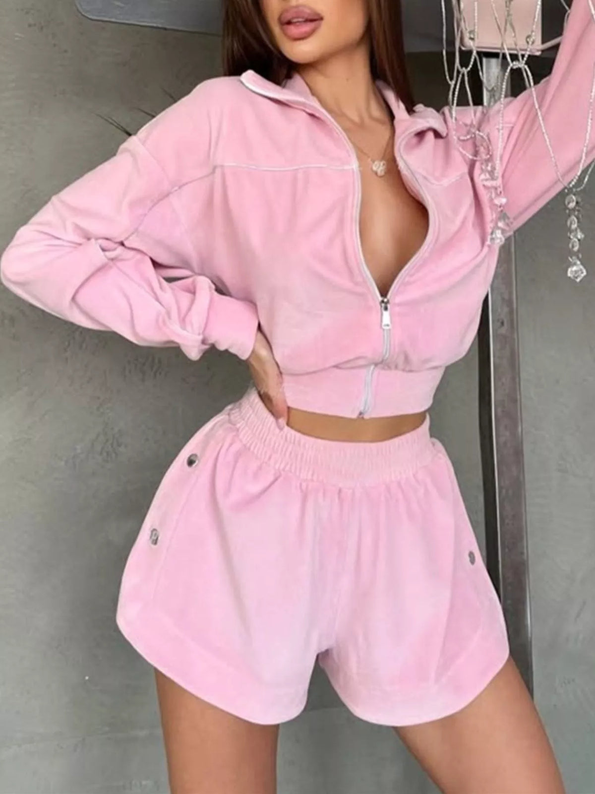 Zip-Up Outerwear and Shorts Set