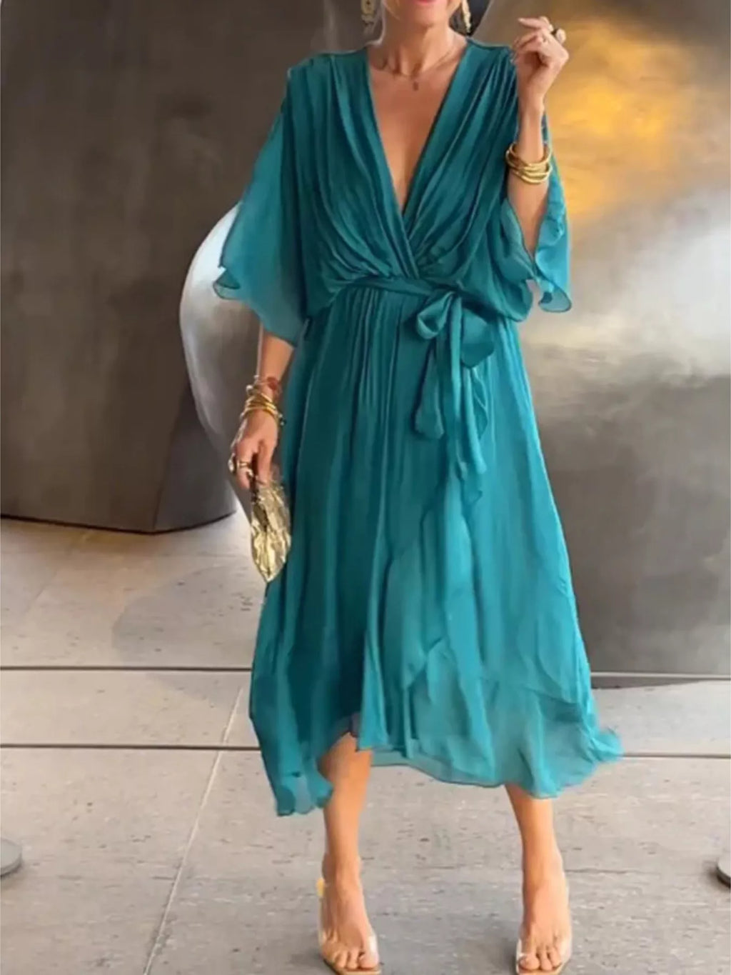 Full Size Chiffon Wrap Dress with Flutter Sleeves Plus Size