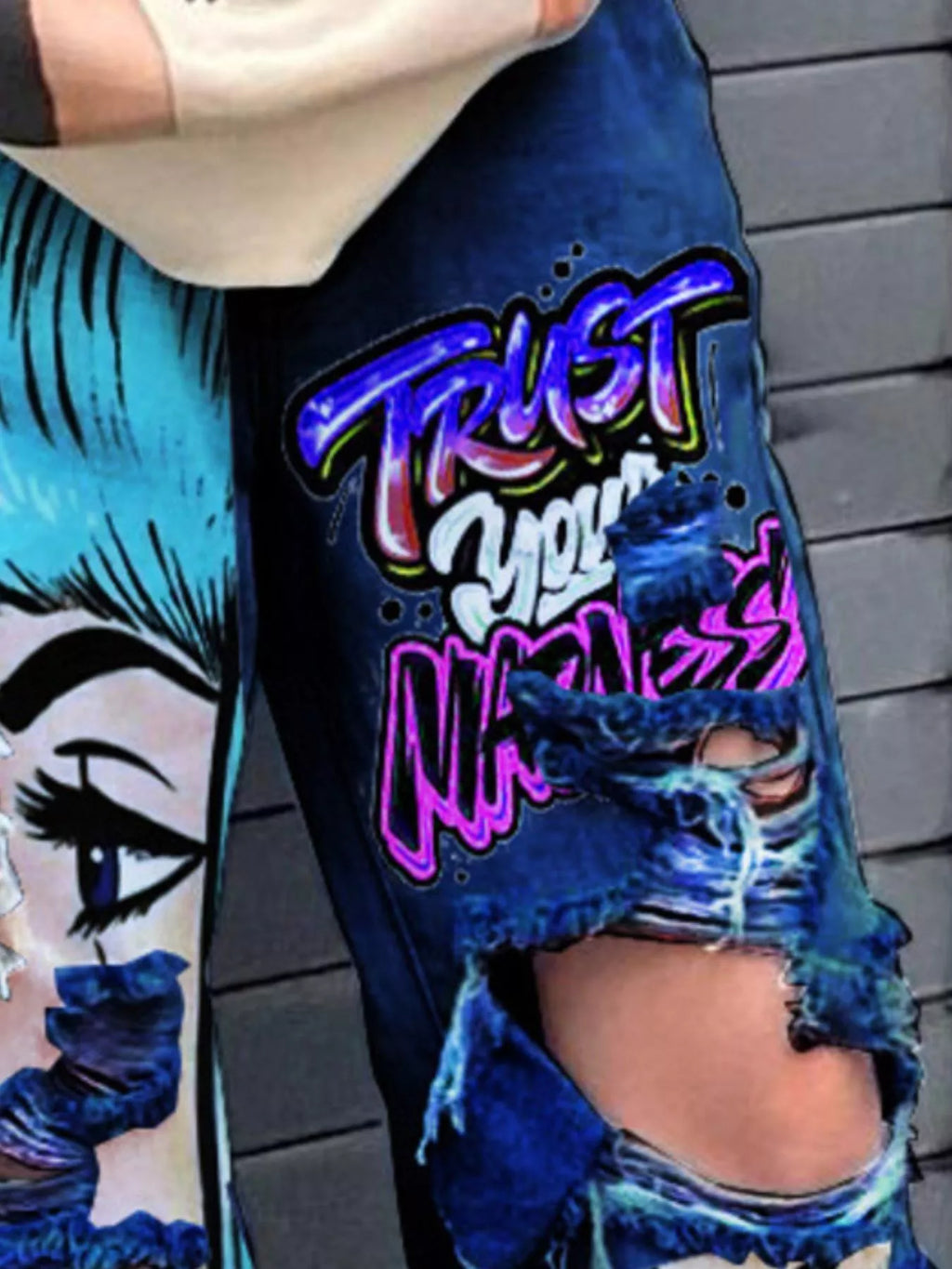 Full Size Pop Art Graphic Distressed Wide-Leg Jeans Plus Size