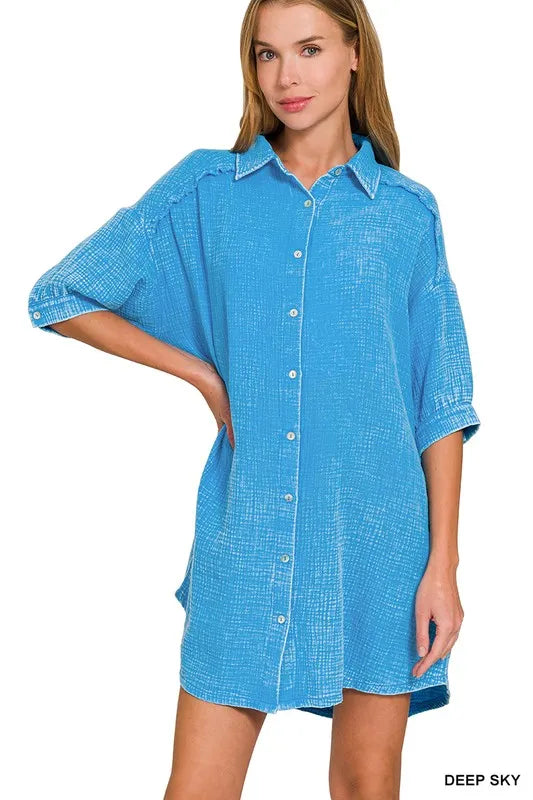 Washed Double Gauze Cotton Shirt Dress with Pockets