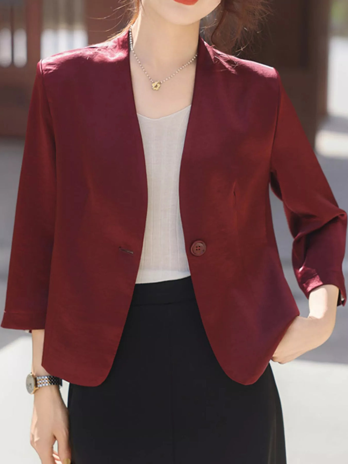 Plus Size Three-Quarter Sleeve One Button Blazer