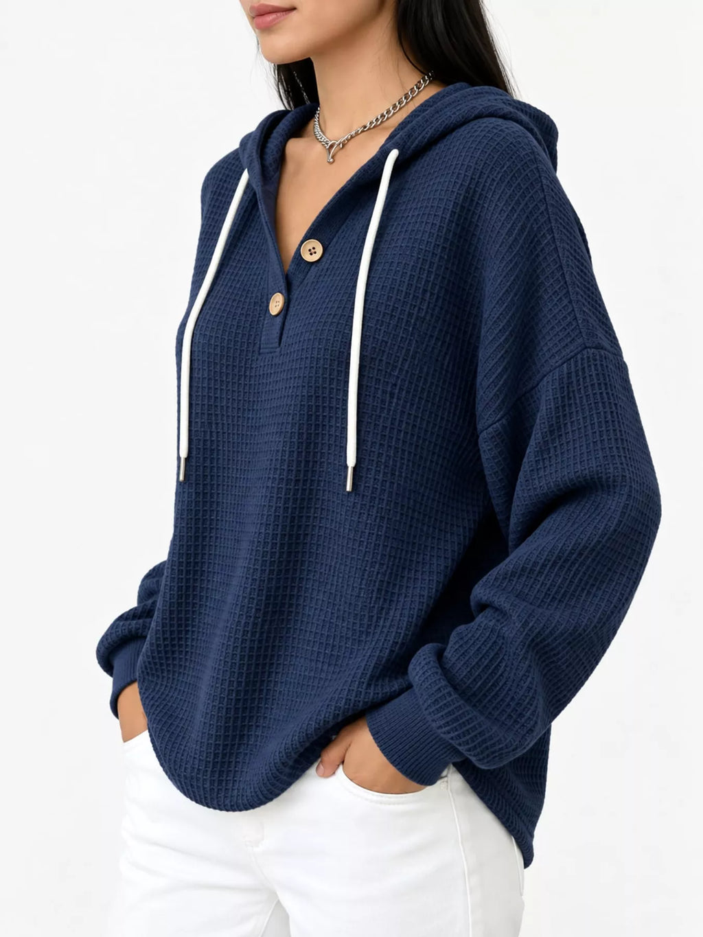 Full Size Waffle Knit Button Detail Hoodie Plus Size