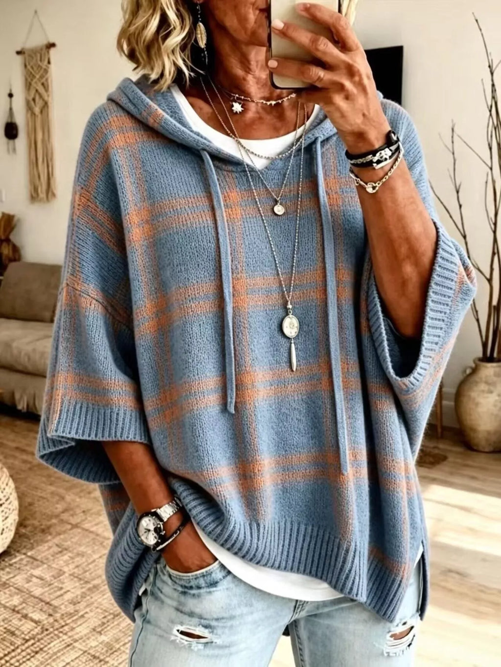 Full Size Drawstring Plaid Hooded Sweater Plus Size
