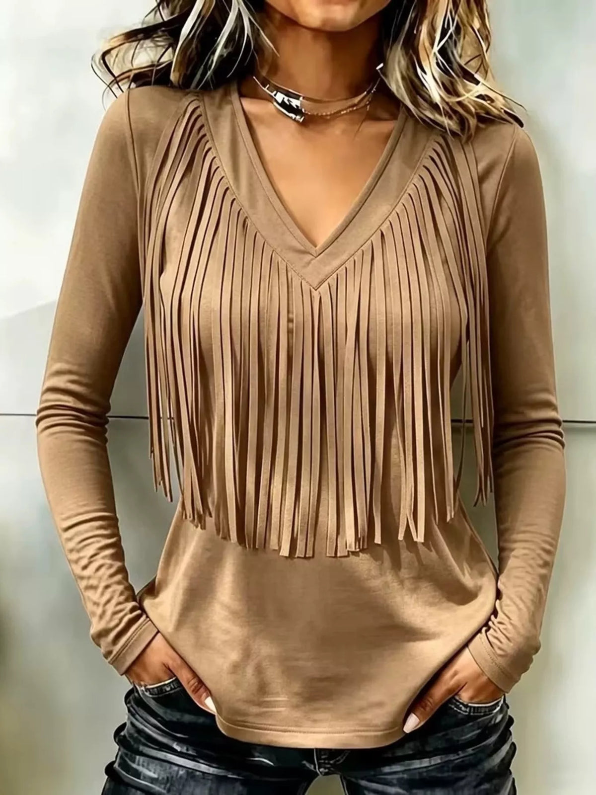 Fringe V-Neck Long Sleeve T-Shirt