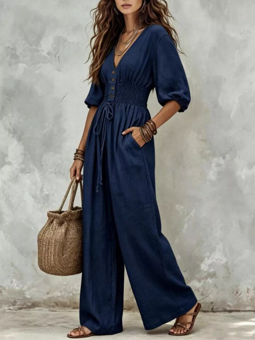 V-Neck Smocked Waist Wide-Leg Jumpsuit