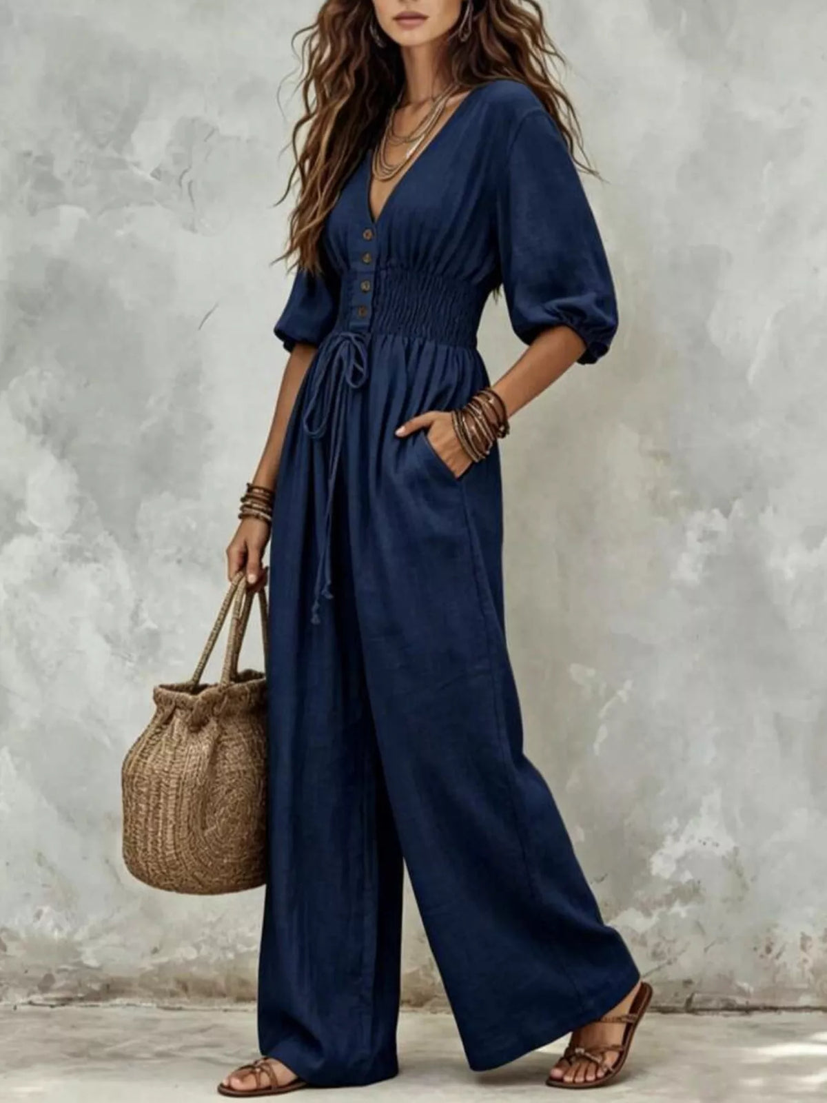 V-Neck Smocked Waist Wide-Leg Jumpsuit