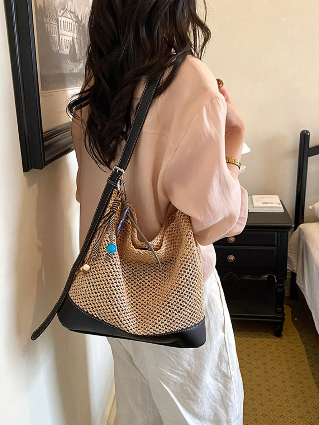 Leather Trim Woven Shoulder Bag