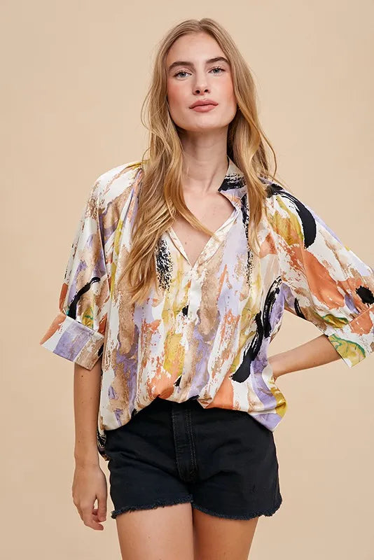 Open Weave V-Neck Blouse with Multicolor Print
