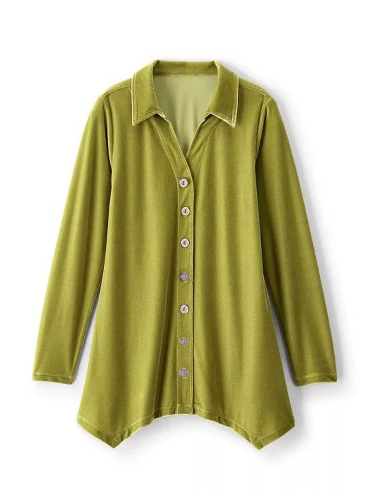 Velvet Button-Down Long Sleeve Shirt with Asymmetrical Hemline