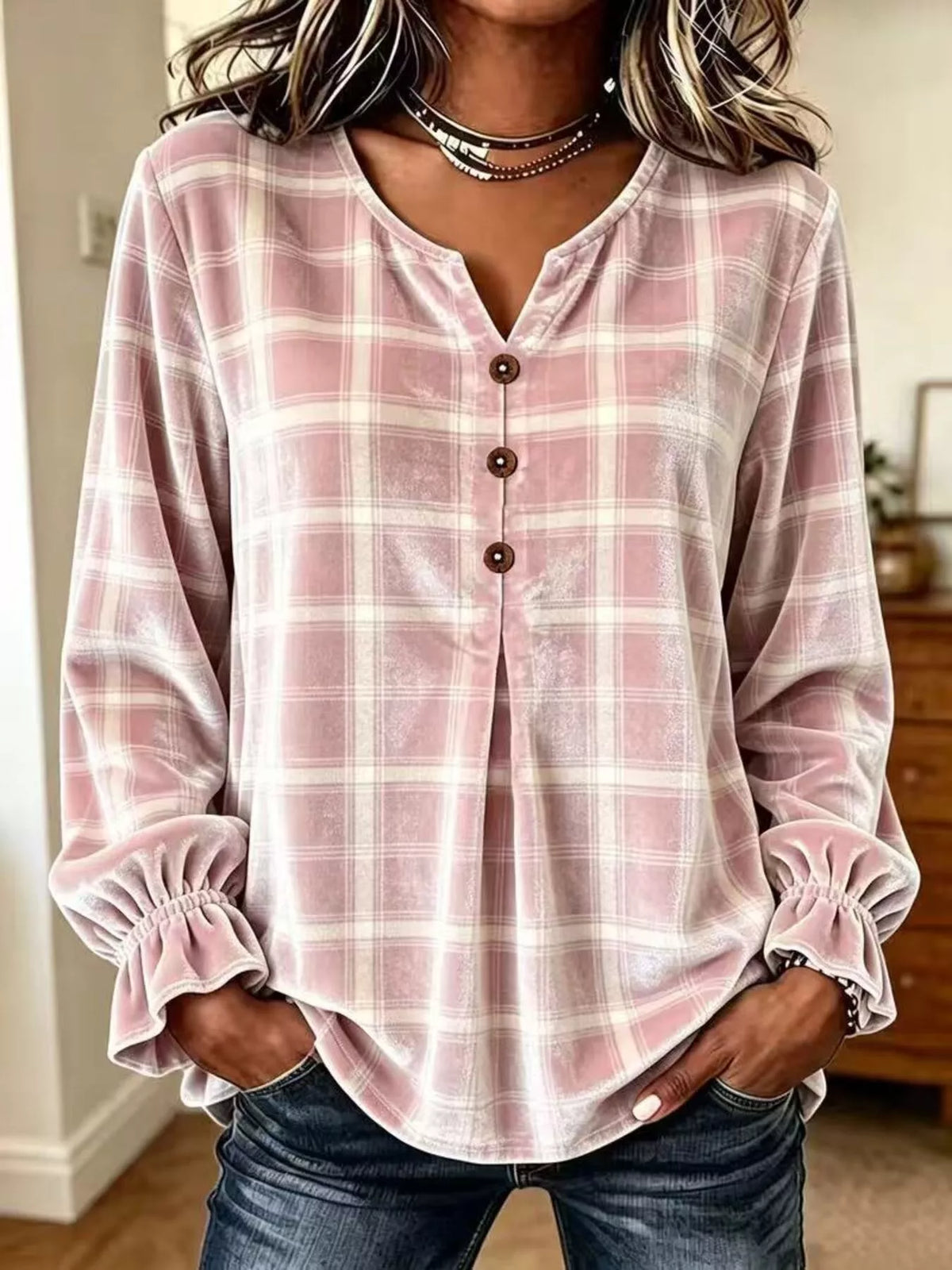 Full Size Plaid Velvet Flounce Sleeve Blouse Plus Size