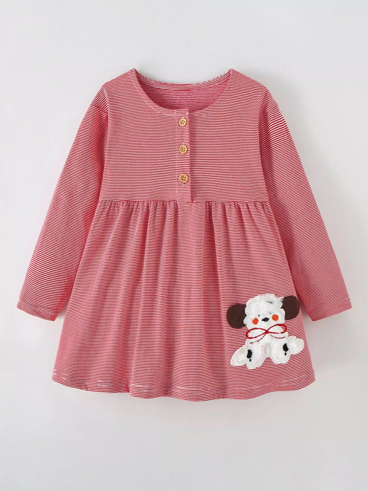 Children's Striped Long-Sleeve Casual Dress with Puppy Applique