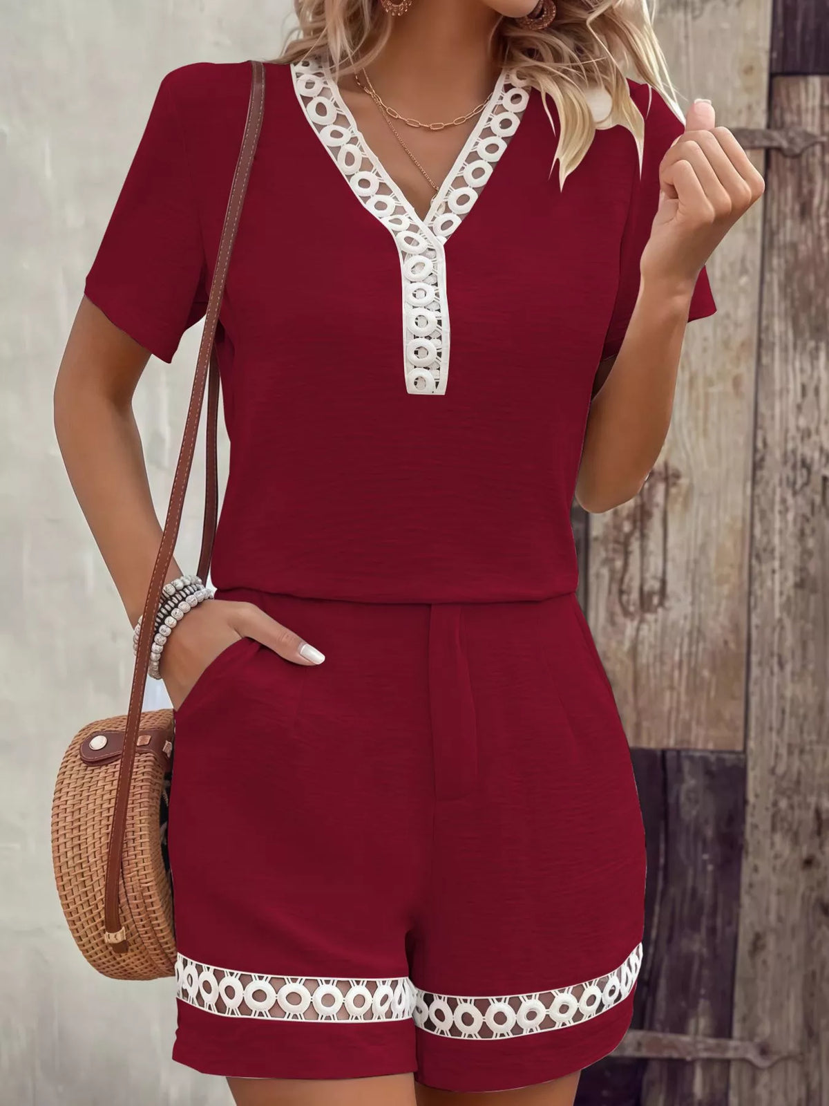 Lace Trim Short Sleeve Top and Shorts Set