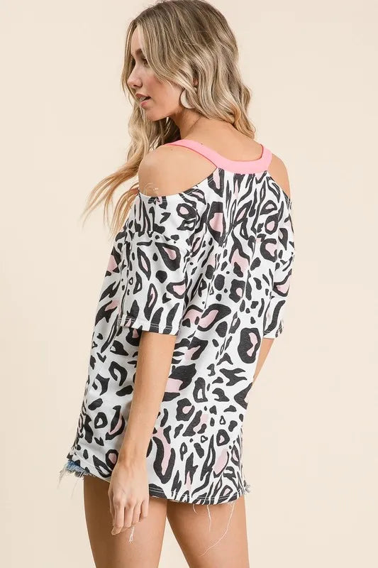 BiBi Leopard Print Top with Shoulder Cut Out