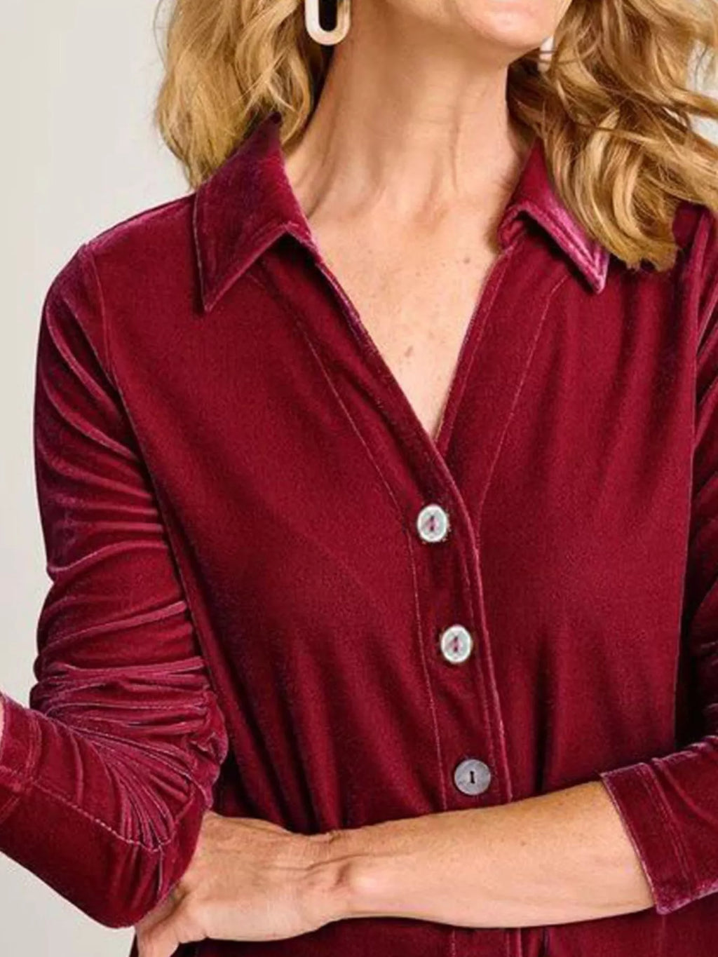 Velvet Button-Down Long Sleeve Shirt with Asymmetrical Hemline