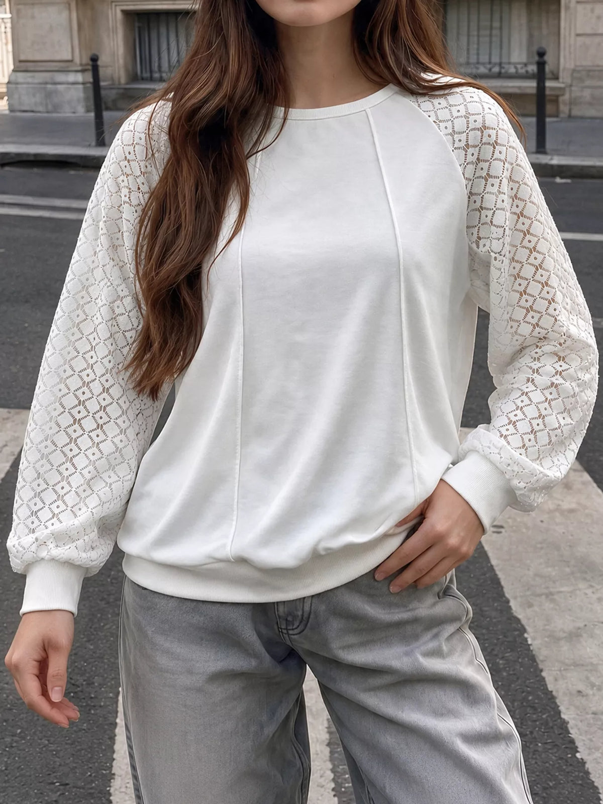 Lace Raglan Sleeve Sweatshirt