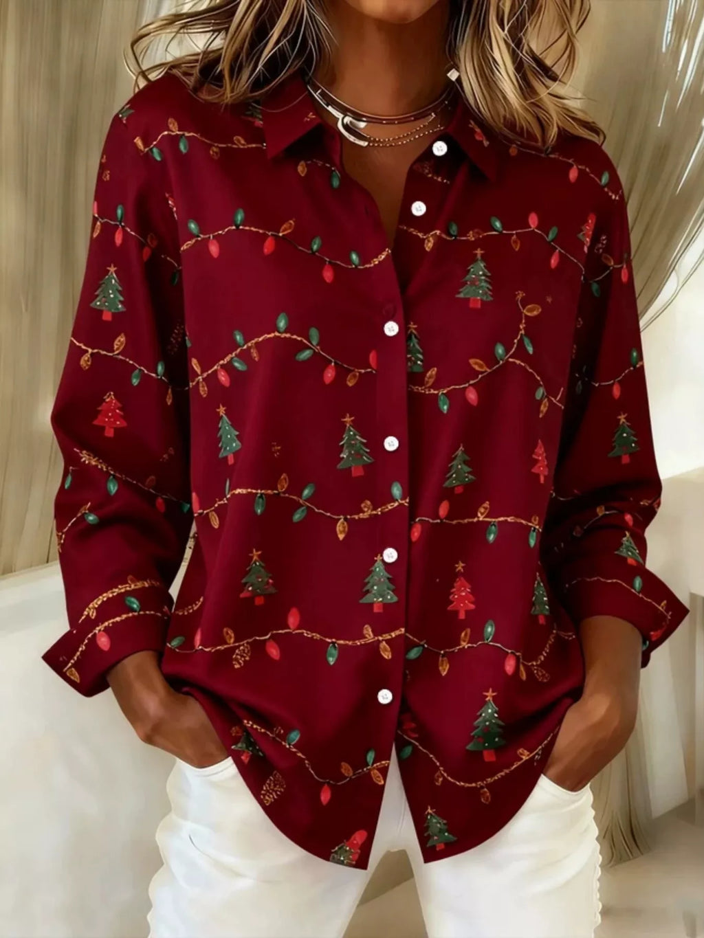 Full Size Christmas Tree Print Long Sleeve Button-Down Shirt Plus Size