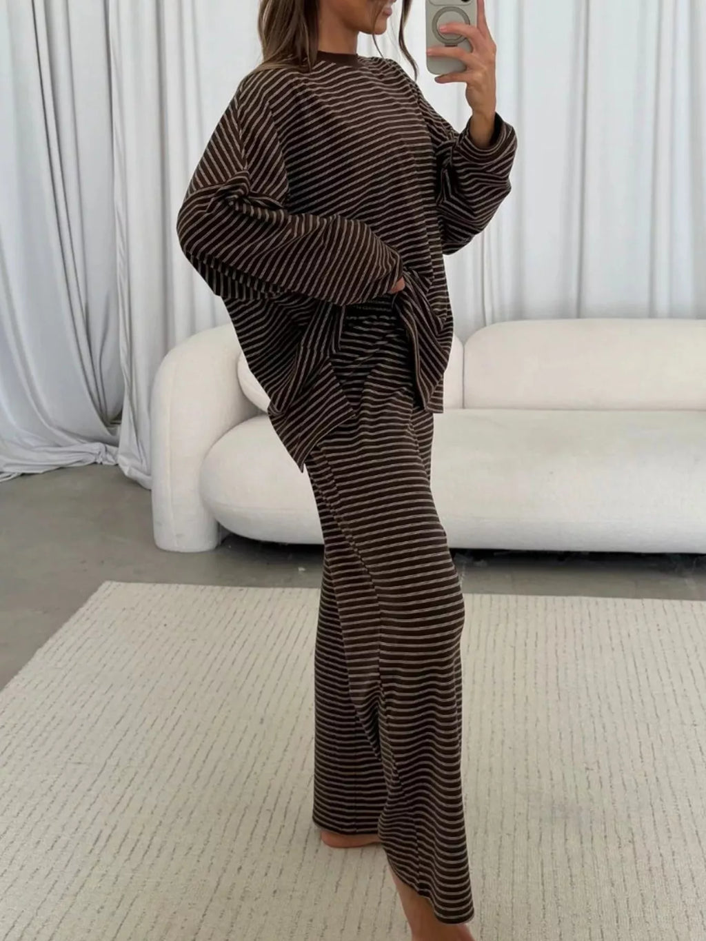 Striped Dropped Shoulder Top and Pants Lounge Set