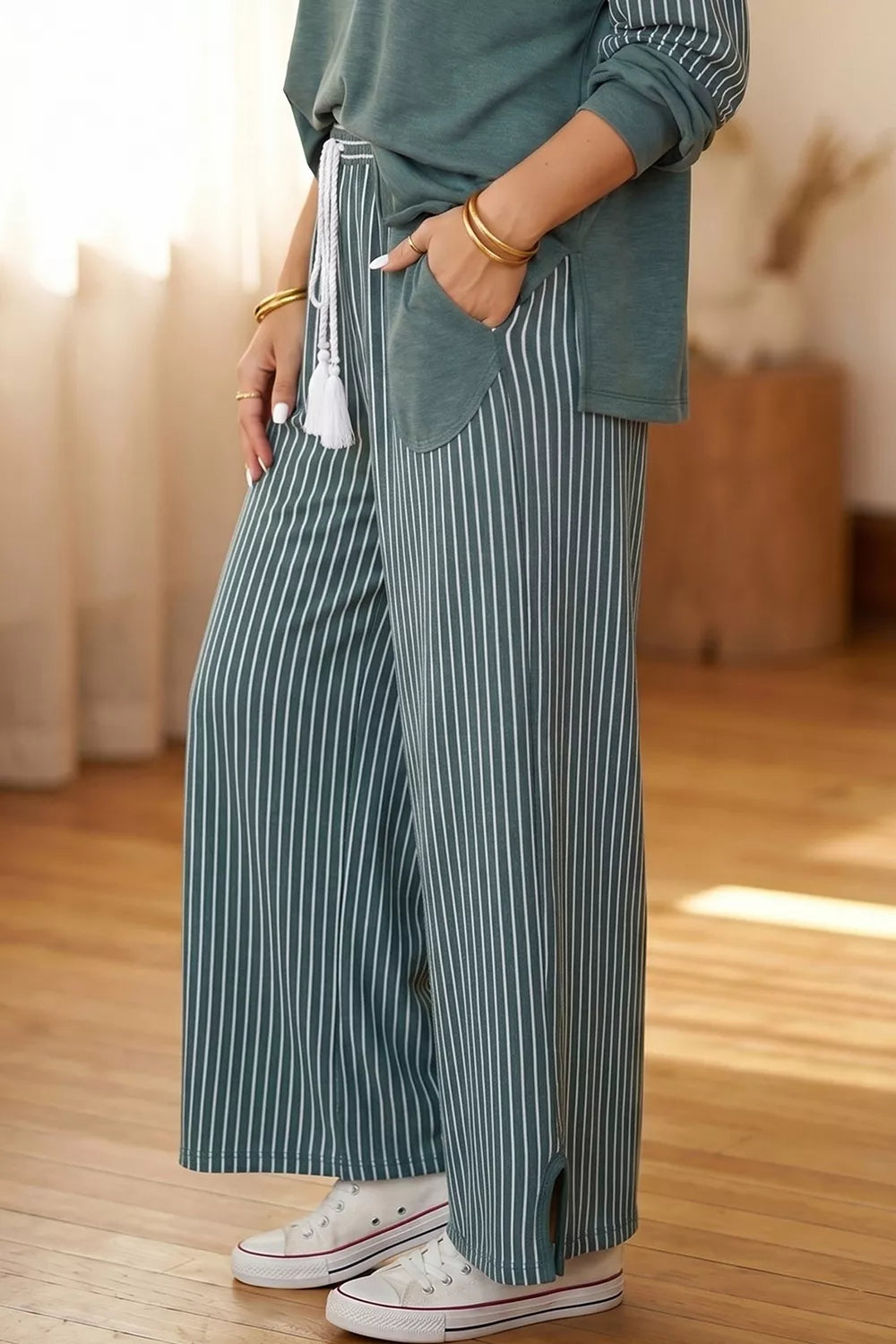 Raw Seam Patchwork Long Sleeve Top Pocket Casual Pants 2pcs Set