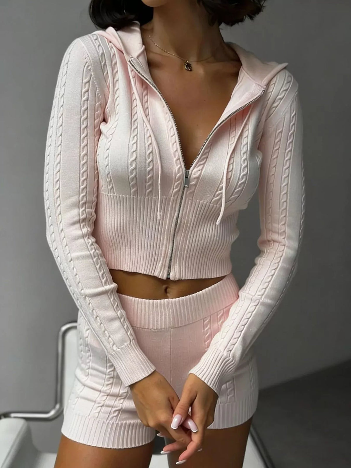 Cable Knit Zip-Up Hooded Top and Shorts Lounge Set