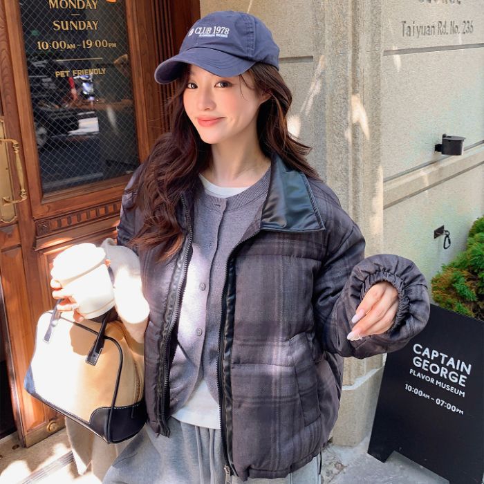 Loose-fit Stand-collar Plaid Padded Coat For Women