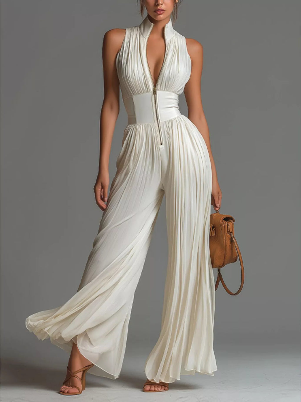 Sleeveless Pleated Wide-Leg Jumpsuit with Front Zipper