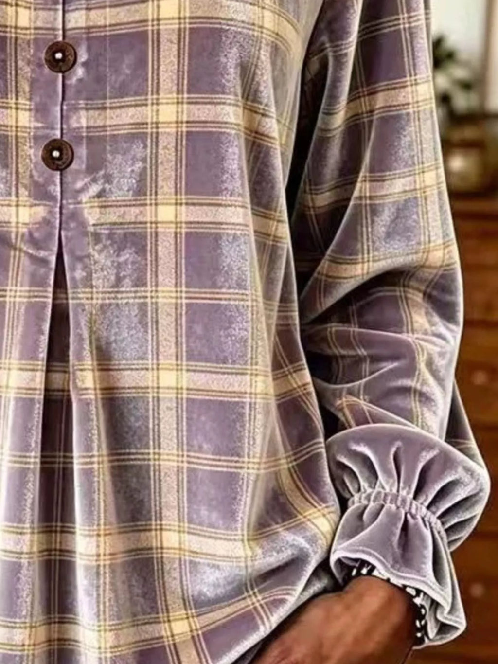 Full Size Plaid Velvet Flounce Sleeve Blouse Plus Size