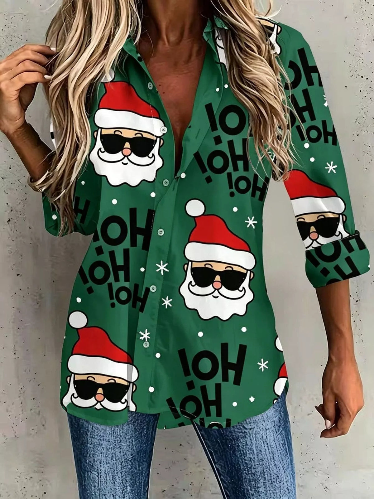 Full Size Christmas Santa Claus Print Button-Down Shirt Plus Size