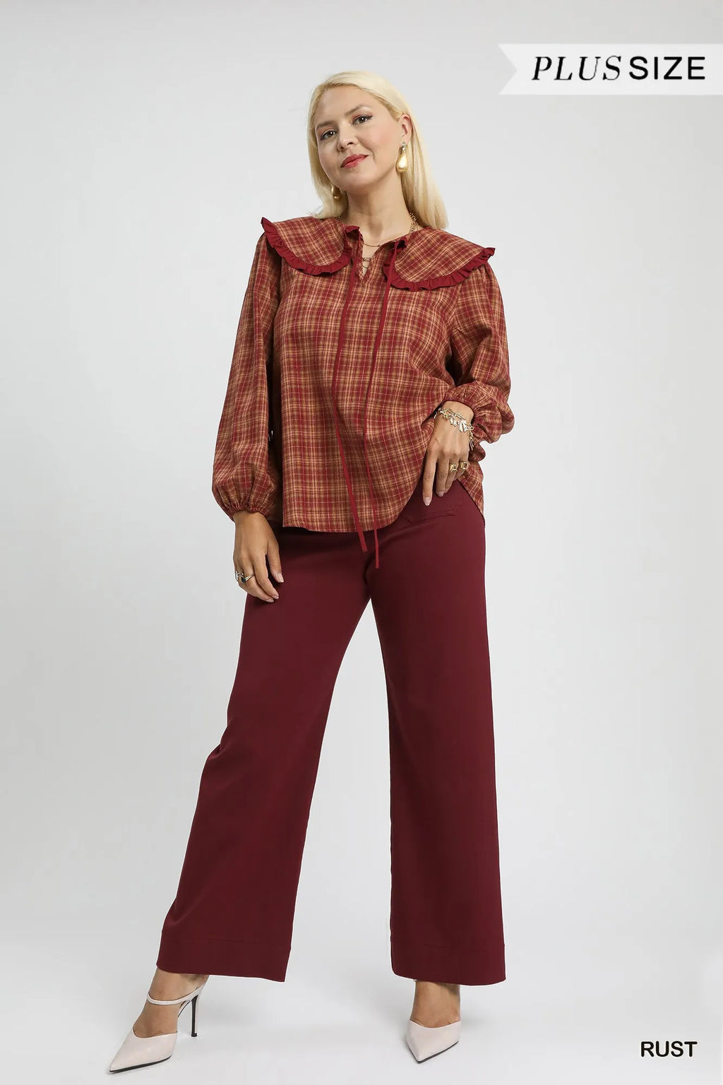 Plaid Ruffle Collar Blouse – Plus Size