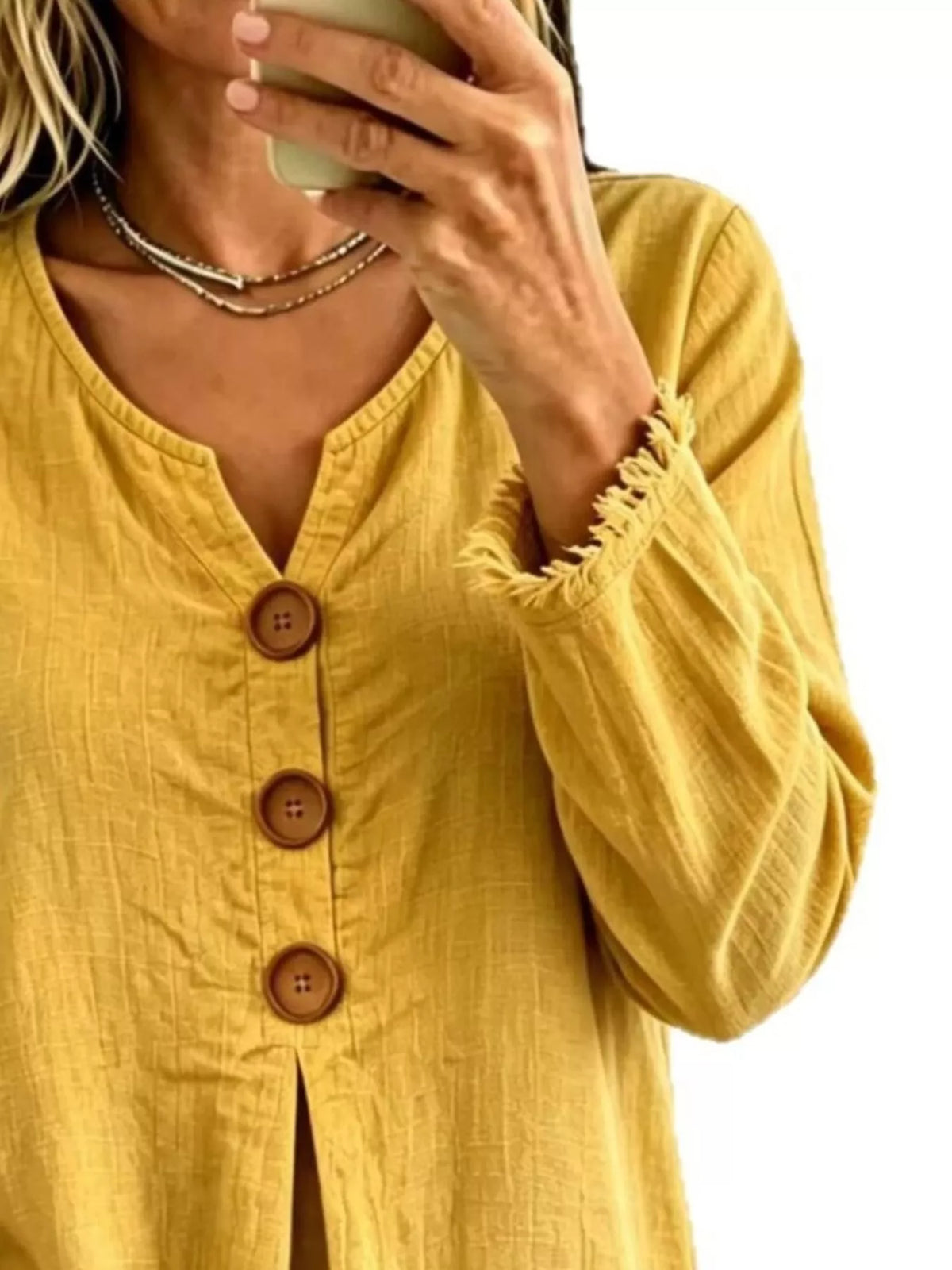 Full Size Casual Half-Button Blouse with Frayed Hem Detail Plus Size