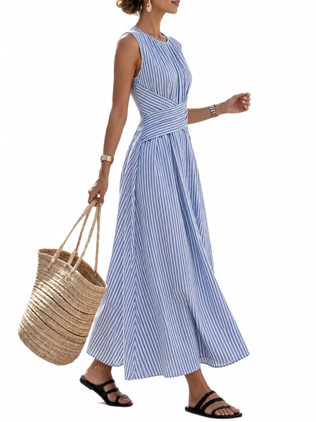 Full Size Sleeveless Striped Maxi Dress with Criss-Cross Waist Detail Plus Size