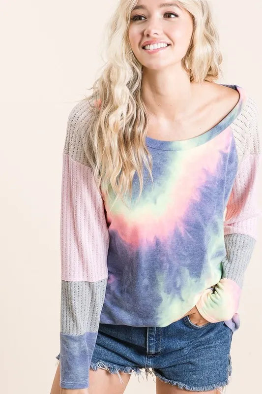 BiBi Tie Dye Terry Top With Color Block Pointelle Knit