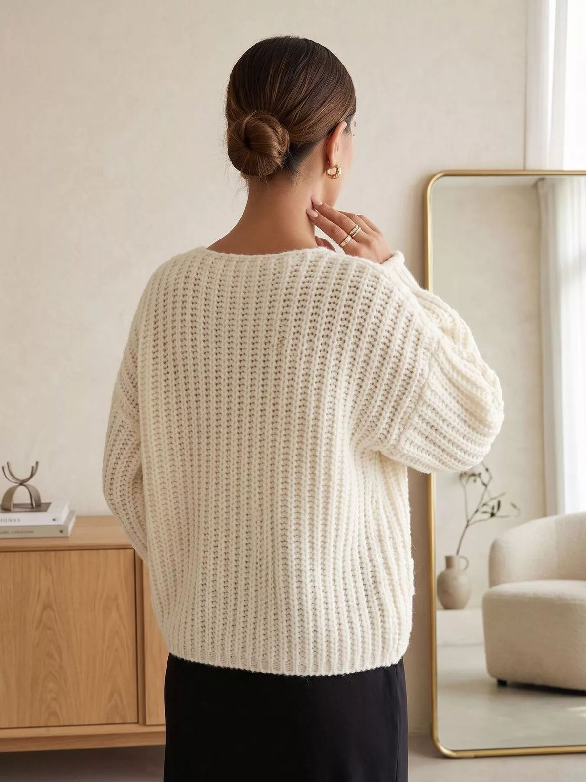Ribbed Knit Cardigan with Gold-Tone Buttons
