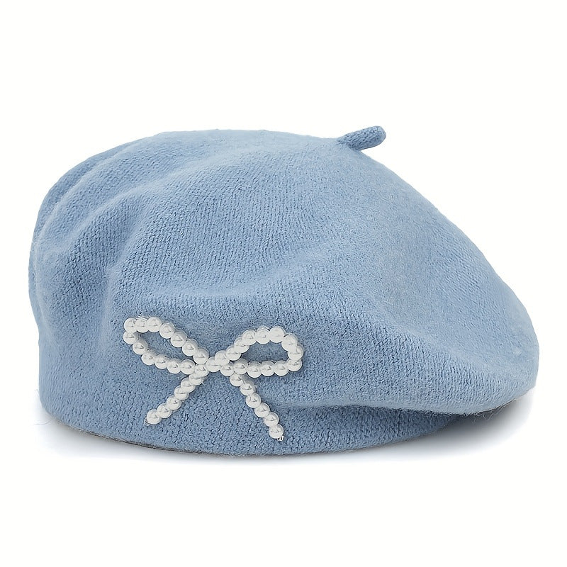 Pearl Bow Wool Breathable Beret