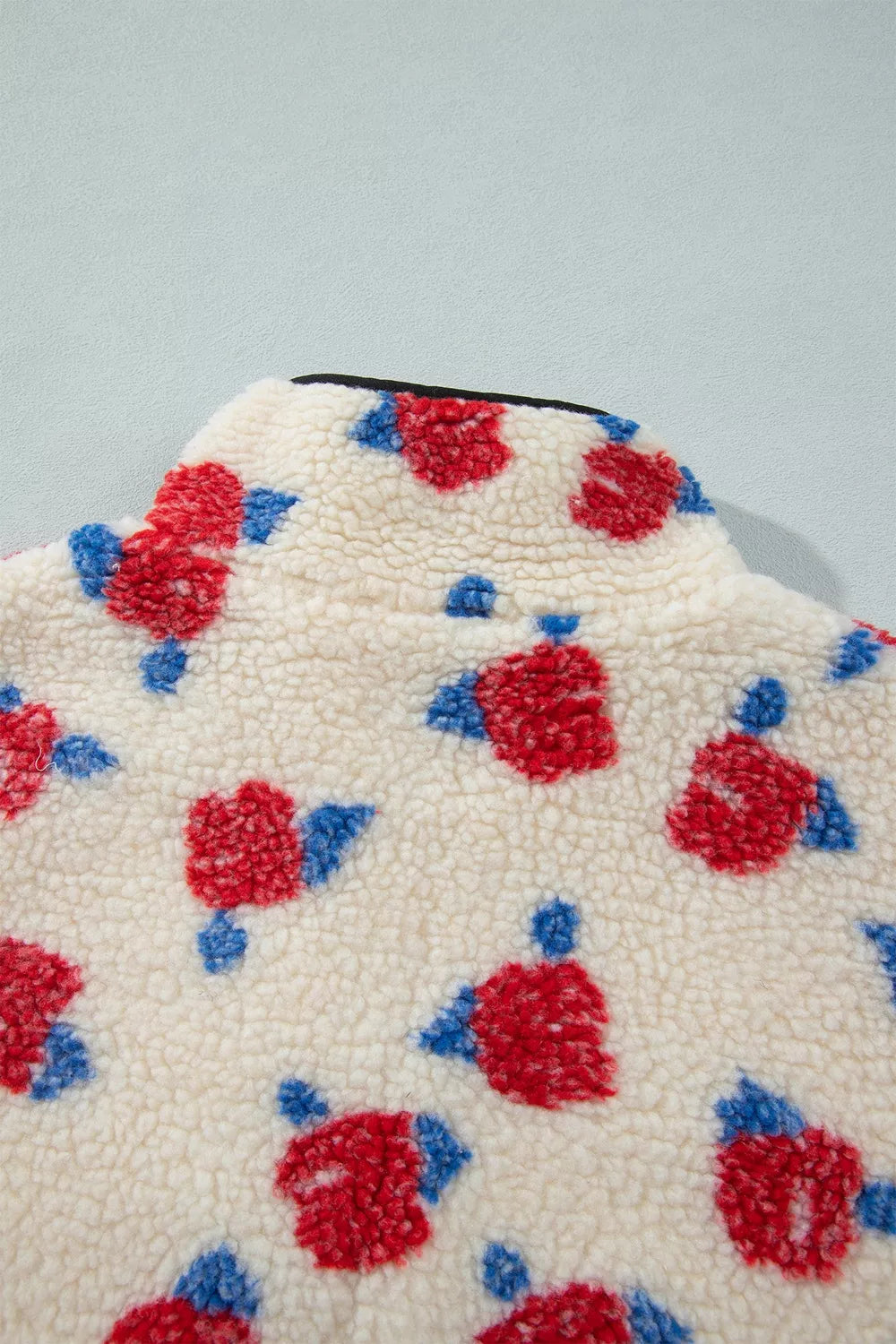 Floral Print Zipper Stand Neck Outerwear Fleece Coat