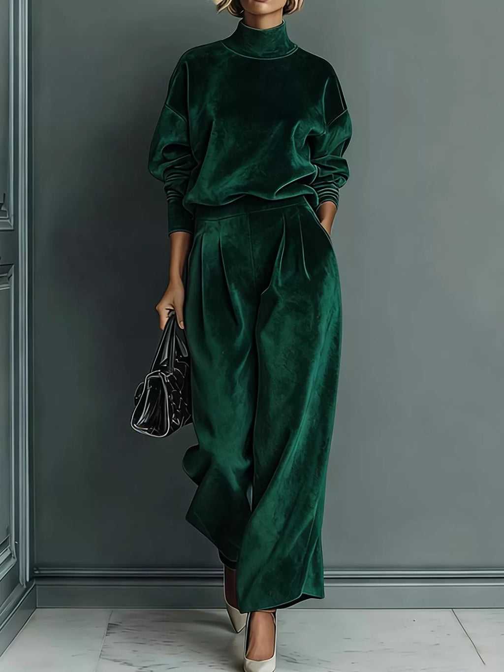 Full Size Elegant Velvet Mock Neck Long Sleeve Top and Wide-Leg Pants Set Plus Size