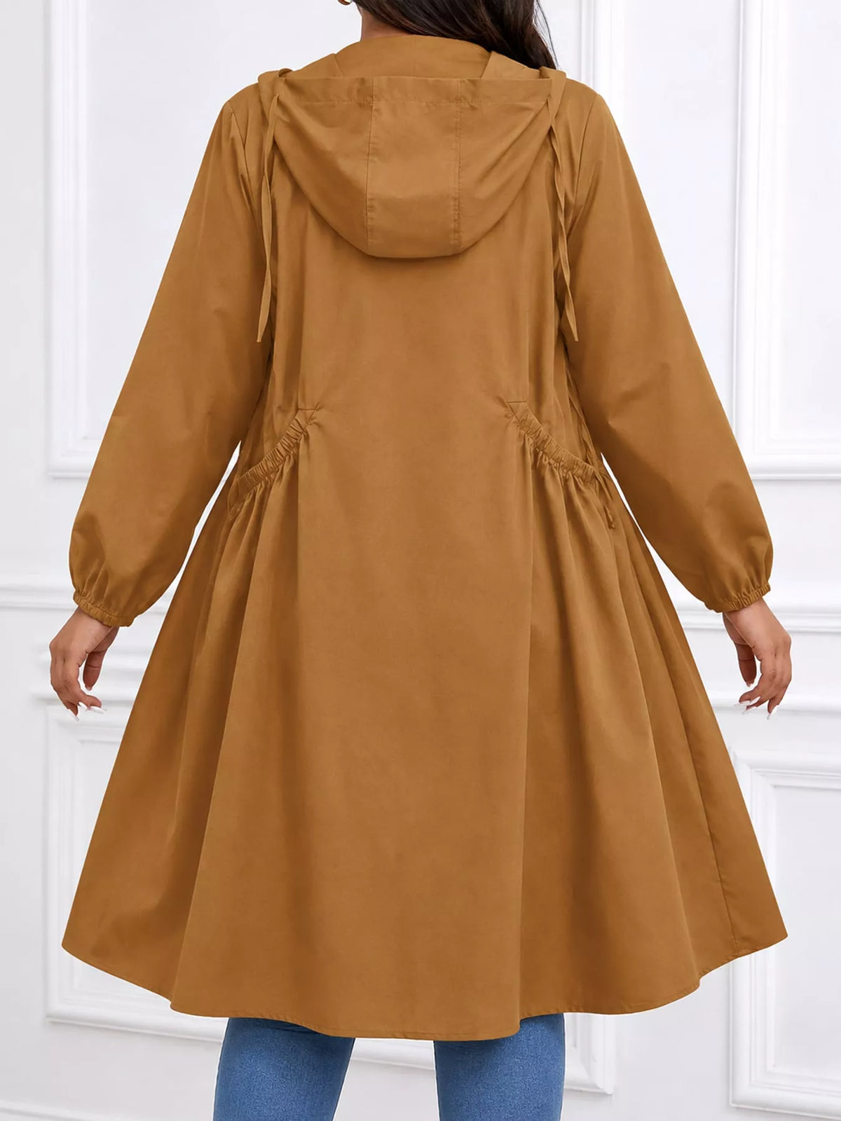 Plus Size Hooded Zip-Up Longline Windbreaker Outerwear
