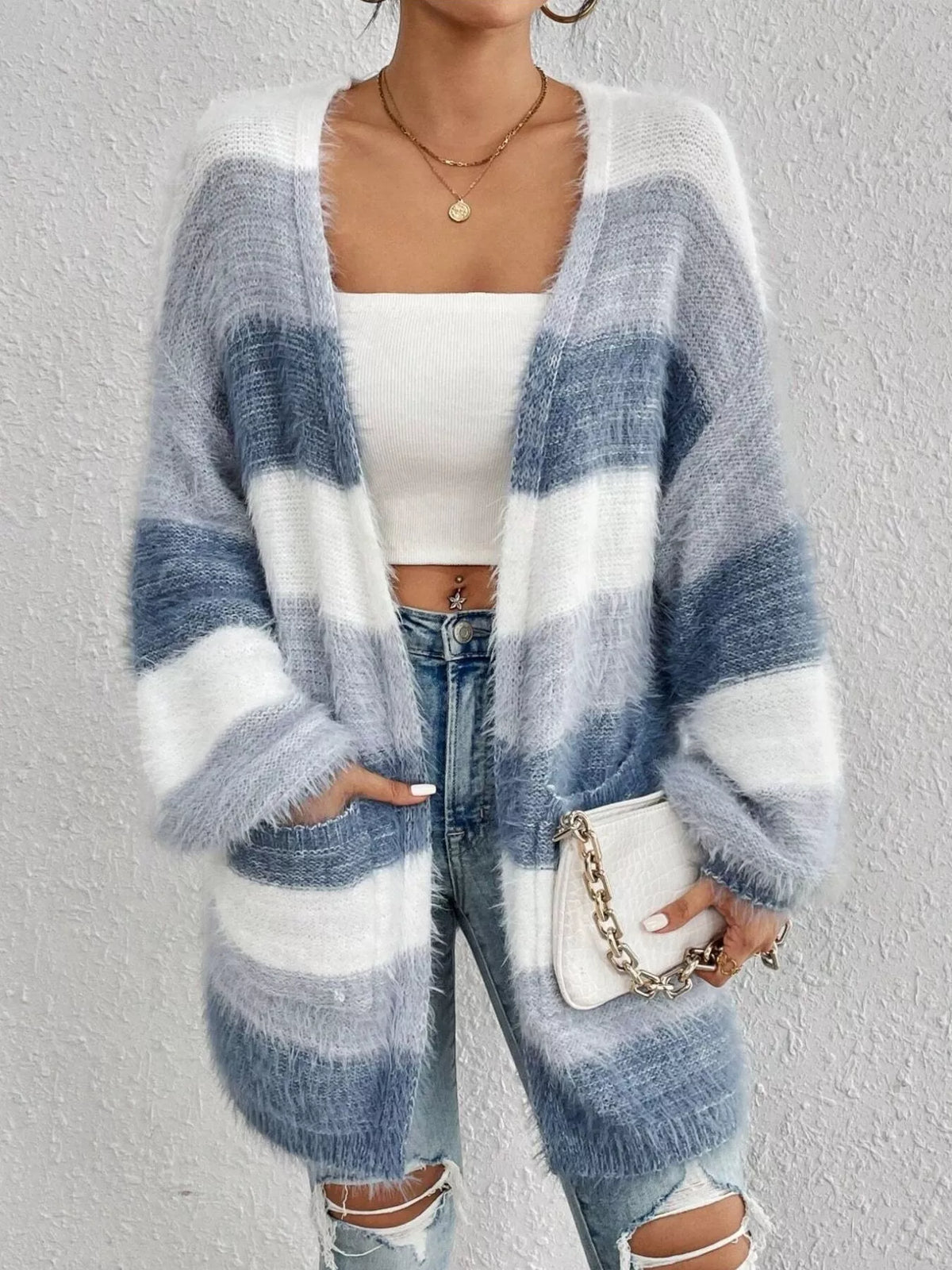 Striped Open Front Oversized Cardigan