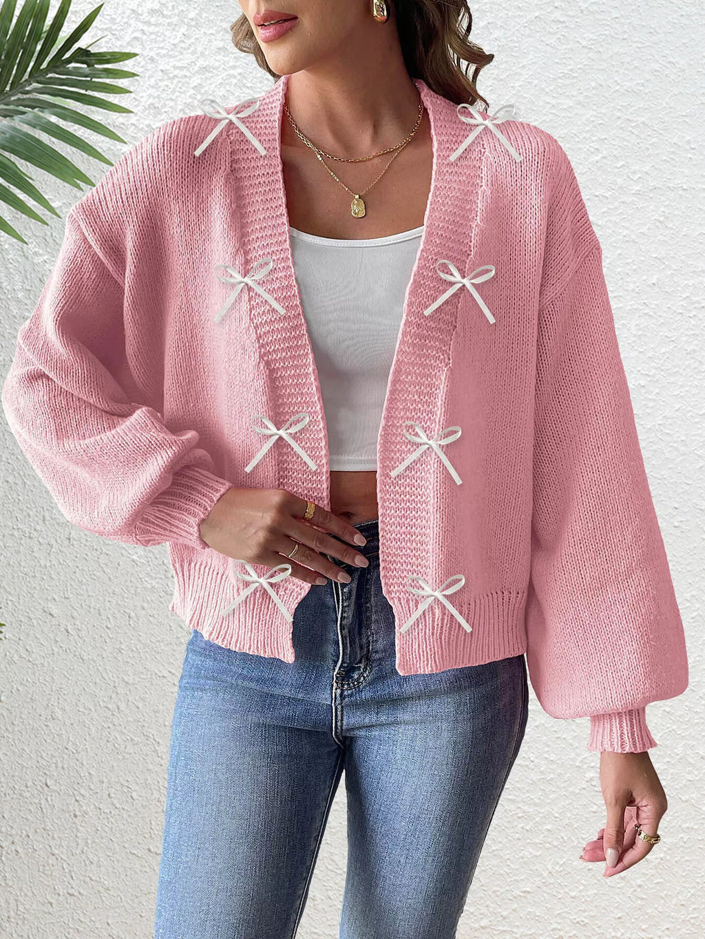 Bow-Tie Open Front Knit Cardigan
