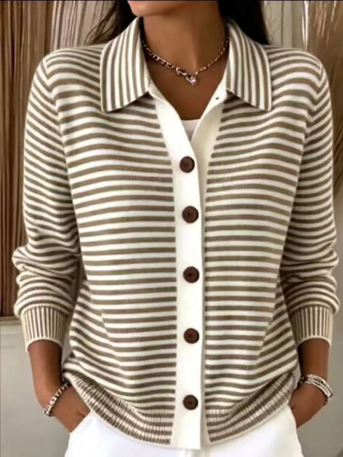 Striped Collared Button-Down Knit Cardigan