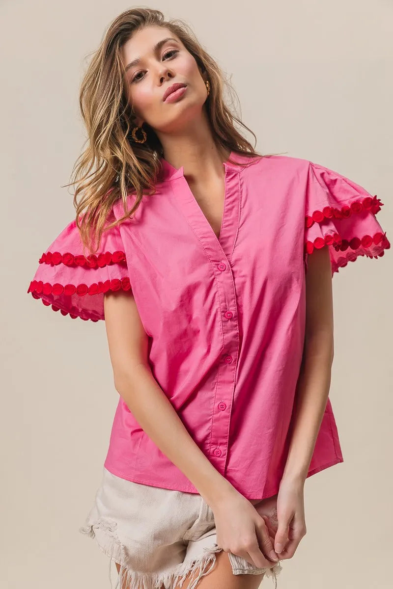 BiBi Dot Trim Flutter Sleeve Notched Top
