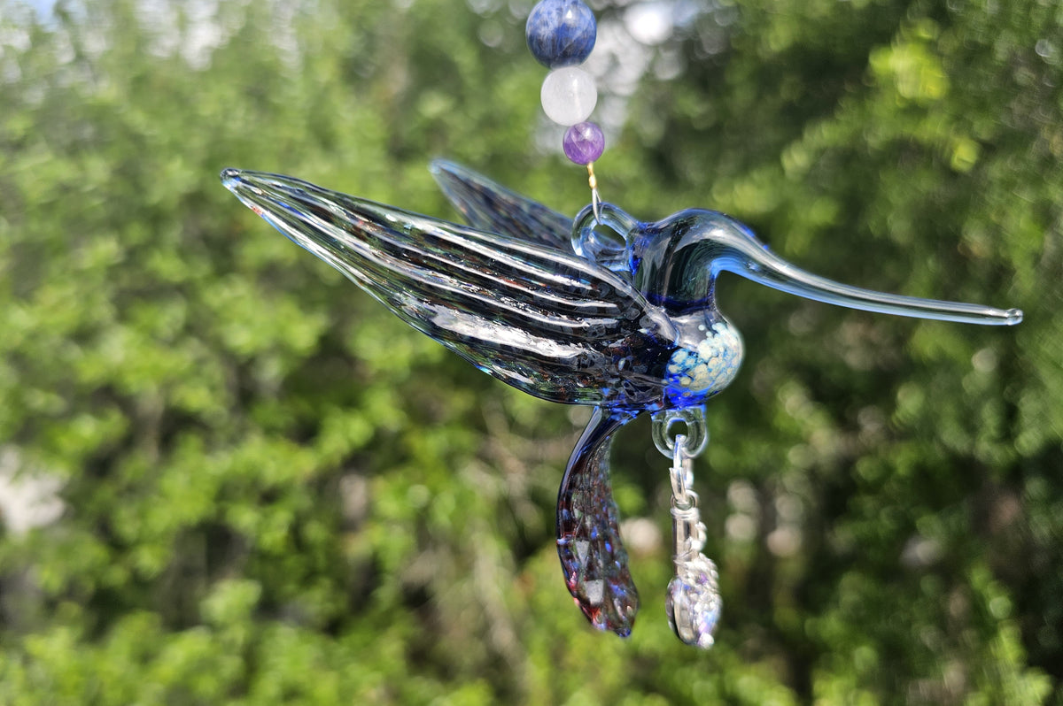 Blue and Red Hummingbird with Crystal Pendant
