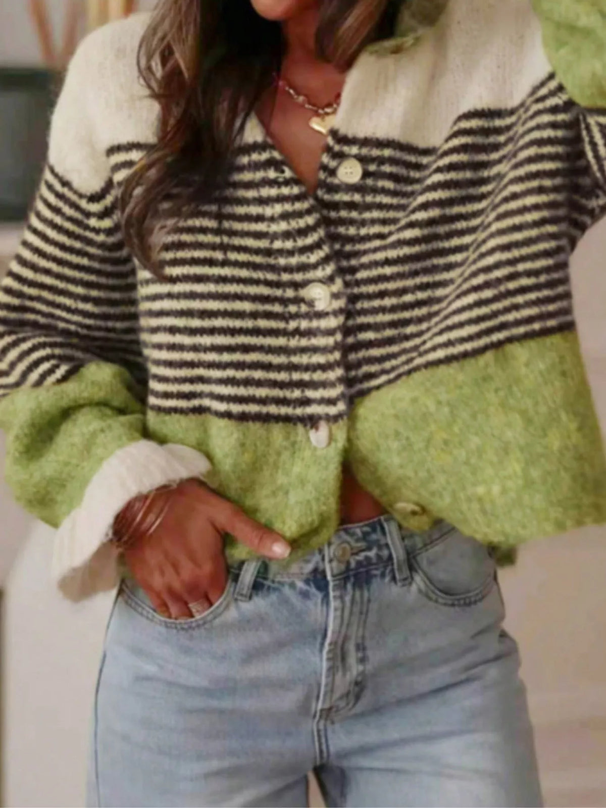 Striped Color-Block Button-Down Cardigan