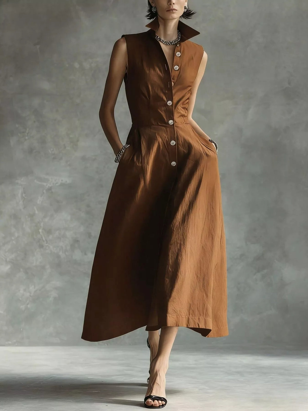 Sleeveless Button-Down Midi Shirt Dress