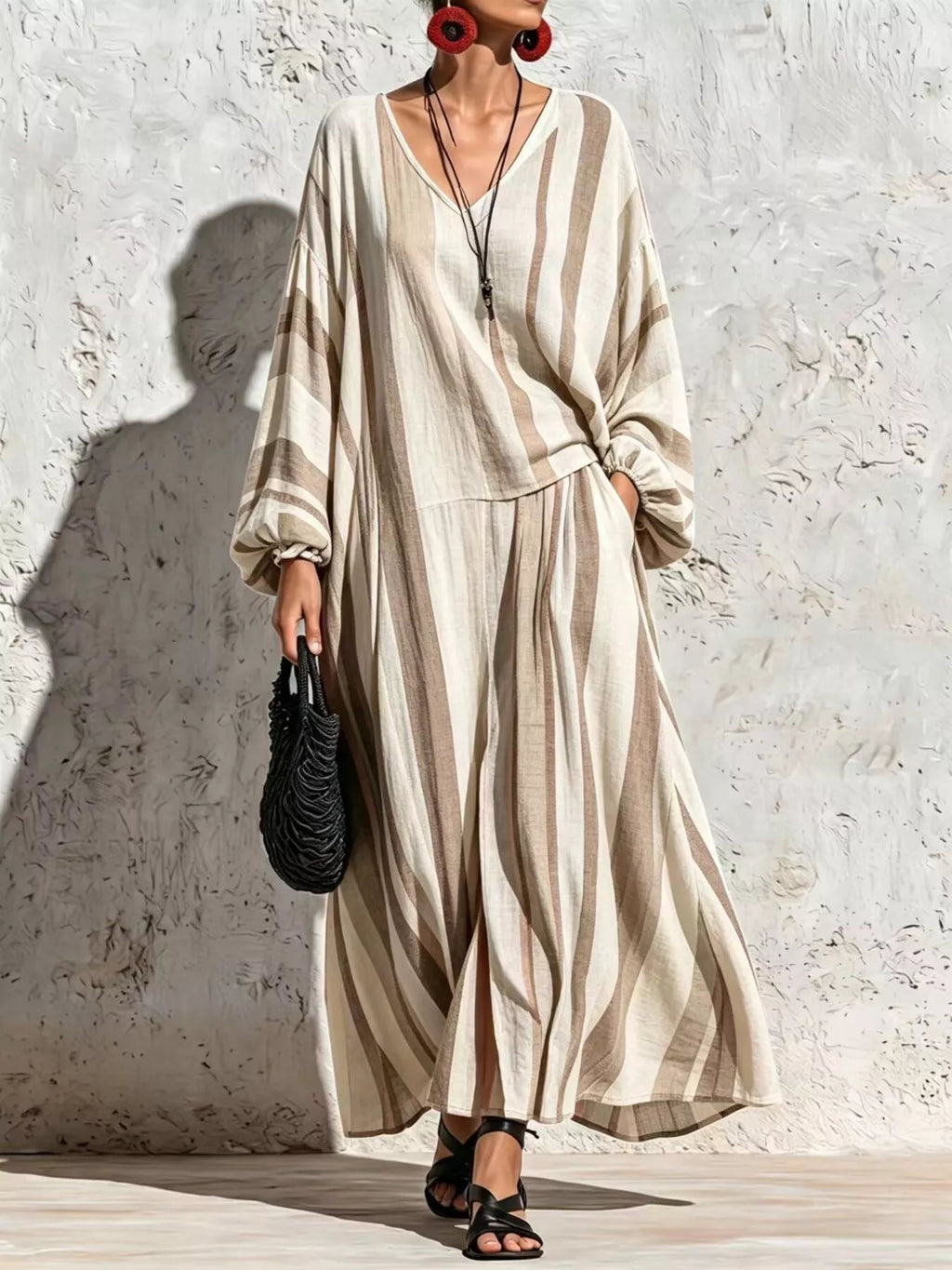 Bohemian Striped V-Neck Loose Top and Wide Leg Pants Set