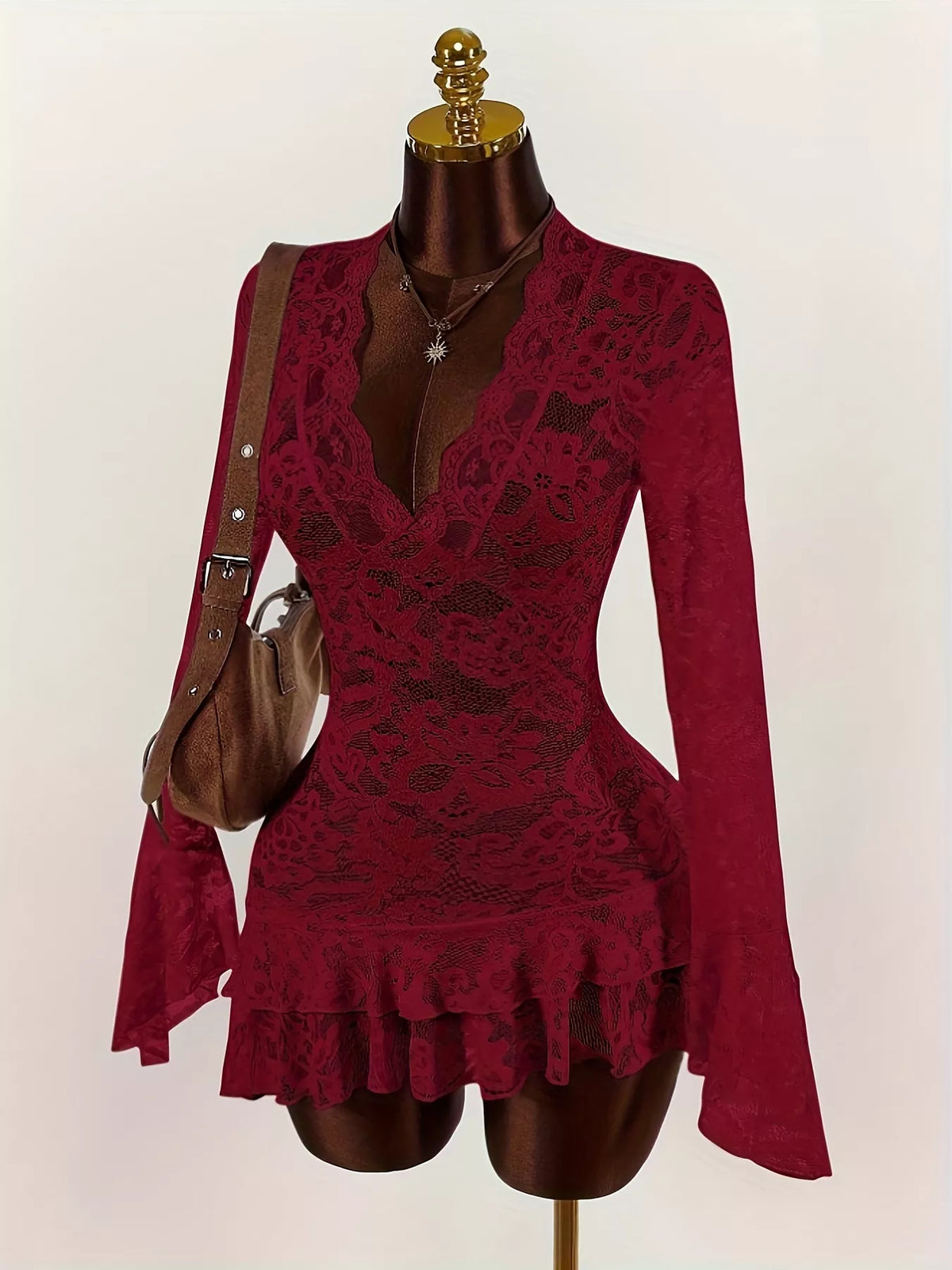 Lace V-Neck Long Sleeve Ruffled Blouse