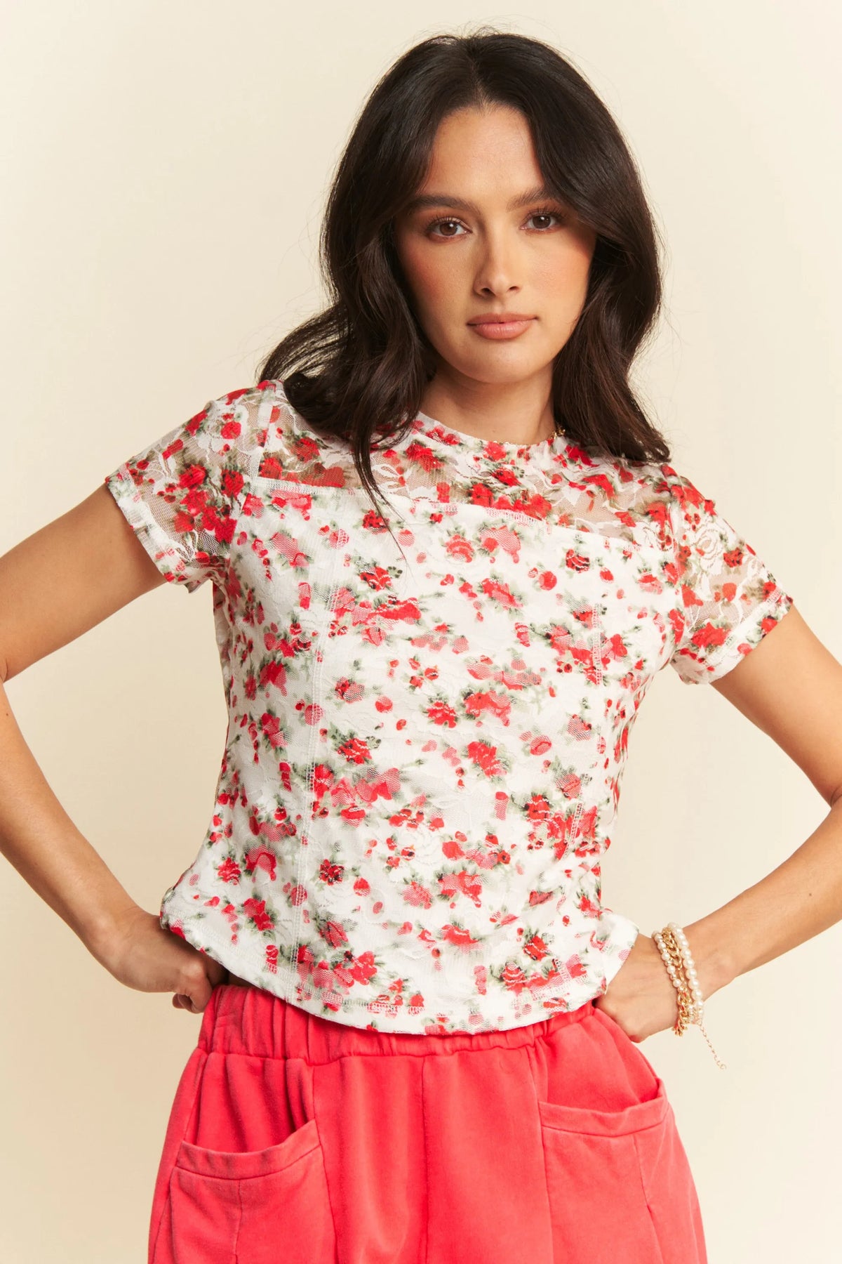 Davi & Dani Ribbon Short Sleeve Layered Mesh Top
