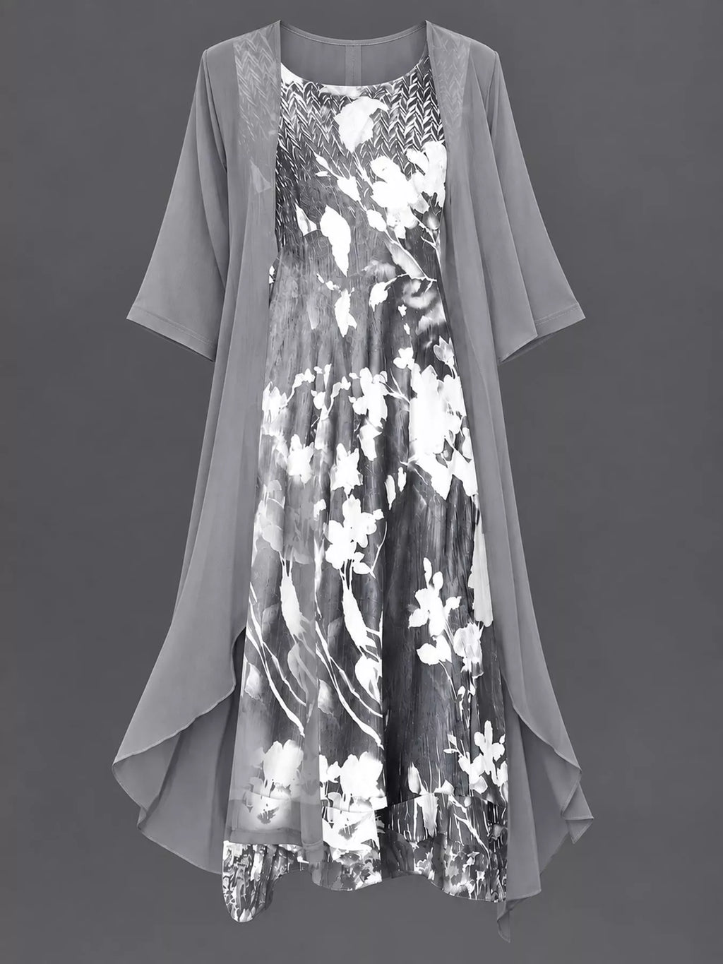 Full Size Floral Print Midi Dress and Chiffon Cardigan Set Plus Size